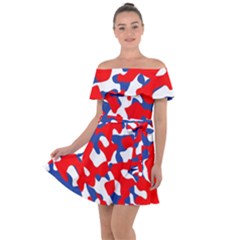 Red White Blue Camouflage Pattern Off Shoulder Velour Dress by SpinnyChairDesigns