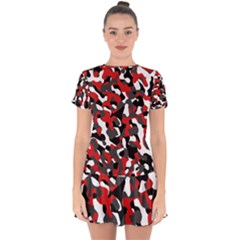 Black Red White Camouflage Pattern Drop Hem Mini Chiffon Dress by SpinnyChairDesigns