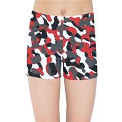 Black Red White Camouflage Pattern Kids  Sports Shorts by SpinnyChairDesigns