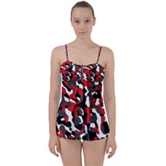 Black Red White Camouflage Pattern Babydoll Tankini Set by SpinnyChairDesigns