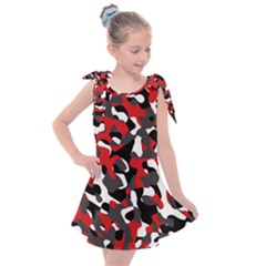 Black Red White Camouflage Pattern Kids  Tie Up Tunic Dress by SpinnyChairDesigns