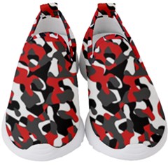 Black Red White Camouflage Pattern Kids  Slip On Sneakers by SpinnyChairDesigns