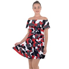 Black Red White Camouflage Pattern Off Shoulder Velour Dress by SpinnyChairDesigns