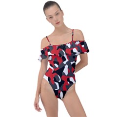 Black Red White Camouflage Pattern Frill Detail One Piece Swimsuit by SpinnyChairDesigns