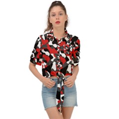 Black Red White Camouflage Pattern Tie Front Shirt  by SpinnyChairDesigns