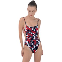 Black Red White Camouflage Pattern Tie Strap One Piece Swimsuit by SpinnyChairDesigns