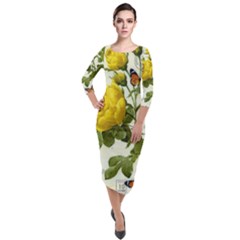 Yellow Roses Quarter Sleeve Midi Velour Bodycon Dress by ibelieveimages