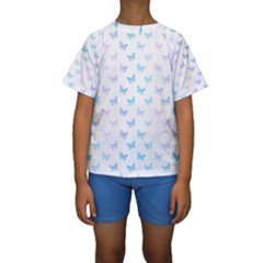 Light Blue Pink Butterflies Pattern Kids  Short Sleeve Swimwear by SpinnyChairDesigns