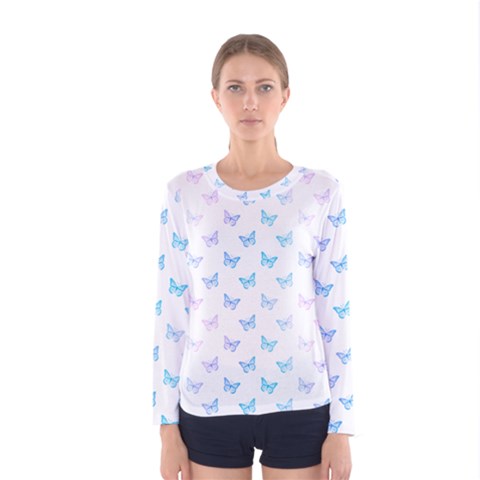 Light Blue Pink Butterflies Pattern Women s Long Sleeve Tee by SpinnyChairDesigns