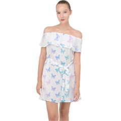 Light Blue Pink Butterflies Pattern Off Shoulder Chiffon Dress by SpinnyChairDesigns