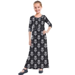 Grey Aliens Extraterrestrials Ufo Faces Kids  Quarter Sleeve Maxi Dress by SpinnyChairDesigns