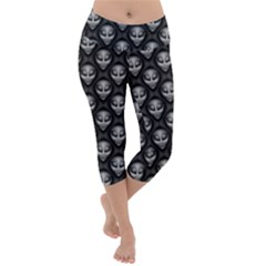 Grey Aliens Extraterrestrials Ufo Faces Lightweight Velour Capri Yoga Leggings by SpinnyChairDesigns