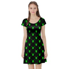 Neon Green Bug Insect Heads On Black Short Sleeve Skater Dress by SpinnyChairDesigns