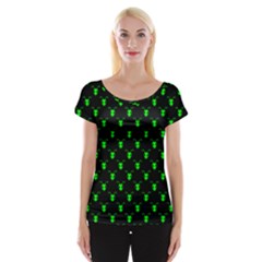 Neon Green Bug Insect Heads On Black Cap Sleeve Top by SpinnyChairDesigns