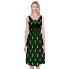 Neon Green Bug Insect Heads on Black Midi Sleeveless Dress