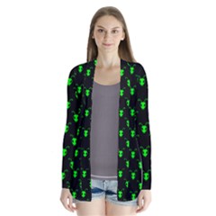 Neon Green Bug Insect Heads On Black Drape Collar Cardigan by SpinnyChairDesigns