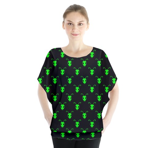 Neon Green Bug Insect Heads On Black Batwing Chiffon Blouse by SpinnyChairDesigns