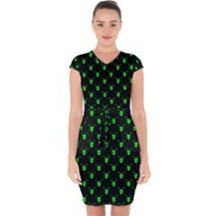 Neon Green Bug Insect Heads on Black Capsleeve Drawstring Dress 