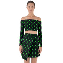 Neon Green Bug Insect Heads On Black Off Shoulder Top With Skirt Set by SpinnyChairDesigns