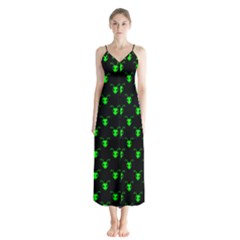 Neon Green Bug Insect Heads on Black Button Up Chiffon Maxi Dress