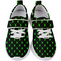 Neon Green Bug Insect Heads on Black Kids  Velcro Strap Shoes