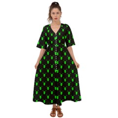 Neon Green Bug Insect Heads on Black Kimono Sleeve Boho Dress