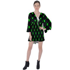 Neon Green Bug Insect Heads on Black V-Neck Flare Sleeve Mini Dress