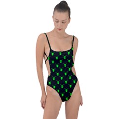 Neon Green Bug Insect Heads On Black Tie Strap One Piece Swimsuit by SpinnyChairDesigns