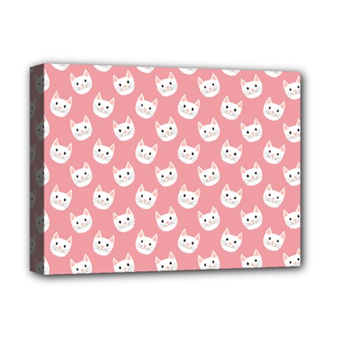 Cute Cat Faces White And Pink Deluxe Canvas 16  X 12  (stretched)  by SpinnyChairDesigns