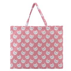 Cute Cat Faces White And Pink Zipper Large Tote Bag by SpinnyChairDesigns