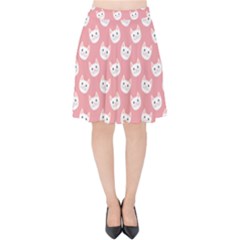 Cute Cat Faces White And Pink Velvet High Waist Skirt by SpinnyChairDesigns