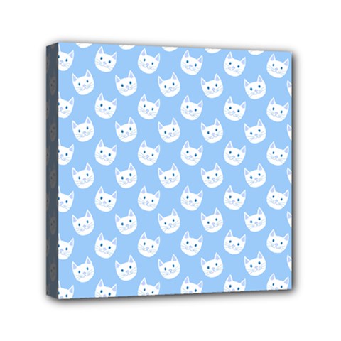 Cute Cat Faces White And Blue  Mini Canvas 6  X 6  (stretched) by SpinnyChairDesigns