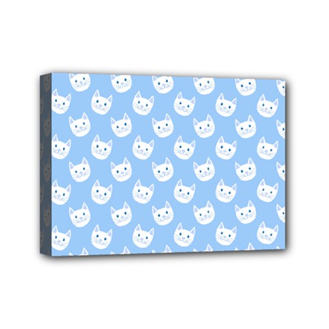 Cute Cat Faces White And Blue  Mini Canvas 7  X 5  (stretched) by SpinnyChairDesigns