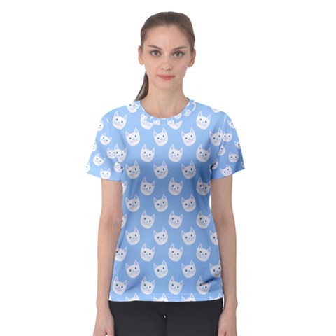 Cute Cat Faces White And Blue  Women s Sport Mesh Tee by SpinnyChairDesigns