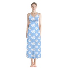 Cute Cat Faces White And Blue  Button Up Chiffon Maxi Dress by SpinnyChairDesigns