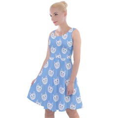 Cute Cat Faces White And Blue  Knee Length Skater Dress by SpinnyChairDesigns