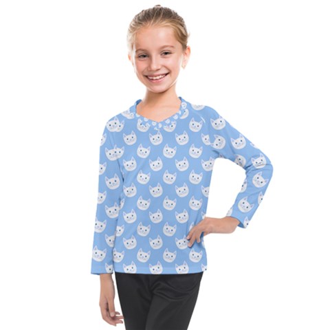 Cute Cat Faces White And Blue  Kids  Long Mesh Tee by SpinnyChairDesigns