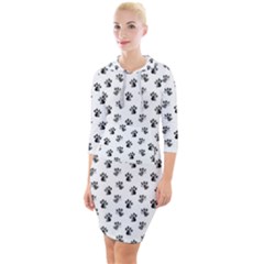 Cat Dog Animal Paw Prints Pattern Black And White Quarter Sleeve Hood Bodycon Dress by SpinnyChairDesigns