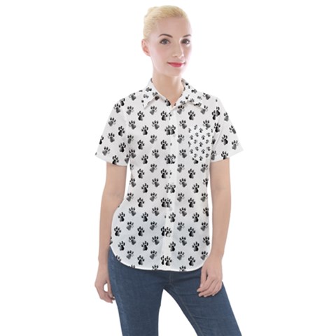 Cat Dog Animal Paw Prints Pattern Black And White Women s Short Sleeve Pocket Shirt by SpinnyChairDesigns