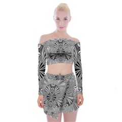 Abstract Art Black And White Floral Intricate Pattern Off Shoulder Top With Mini Skirt Set by SpinnyChairDesigns