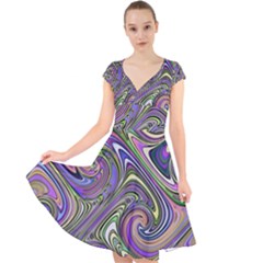 Abstract Art Purple Swirls Pattern Cap Sleeve Front Wrap Midi Dress