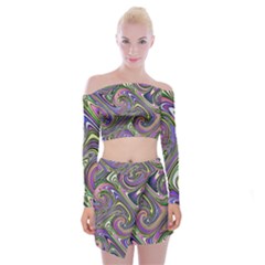 Abstract Art Purple Swirls Pattern Off Shoulder Top with Mini Skirt Set