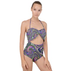 Abstract Art Purple Swirls Pattern Scallop Top Cut Out Swimsuit