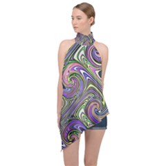 Abstract Art Purple Swirls Pattern Halter Asymmetric Satin Top