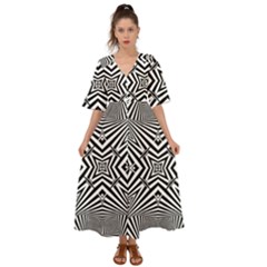 Black And White Line Art Pattern Stripes Kimono Sleeve Boho Dress by SpinnyChairDesigns