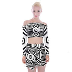 Black And White Line Art Stripes Pattern Off Shoulder Top With Mini Skirt Set by SpinnyChairDesigns