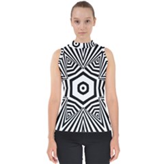 Black And White Line Art Stripes Pattern Mock Neck Shell Top by SpinnyChairDesigns