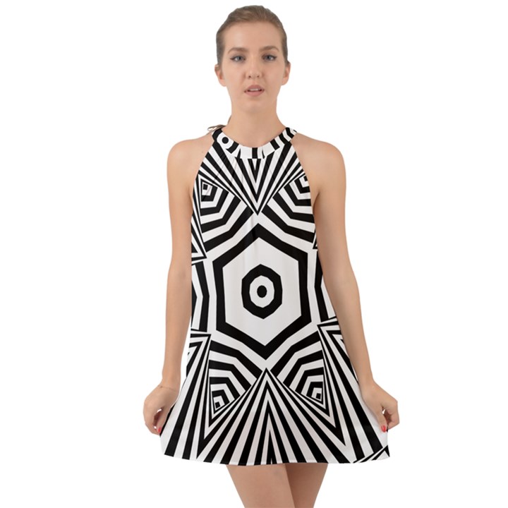 Black and White Line Art Stripes Pattern Halter Tie Back Chiffon Dress