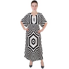 Black And White Line Art Stripes Pattern V-neck Boho Style Maxi Dress by SpinnyChairDesigns