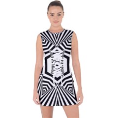 Black And White Line Art Stripes Pattern Lace Up Front Bodycon Dress by SpinnyChairDesigns